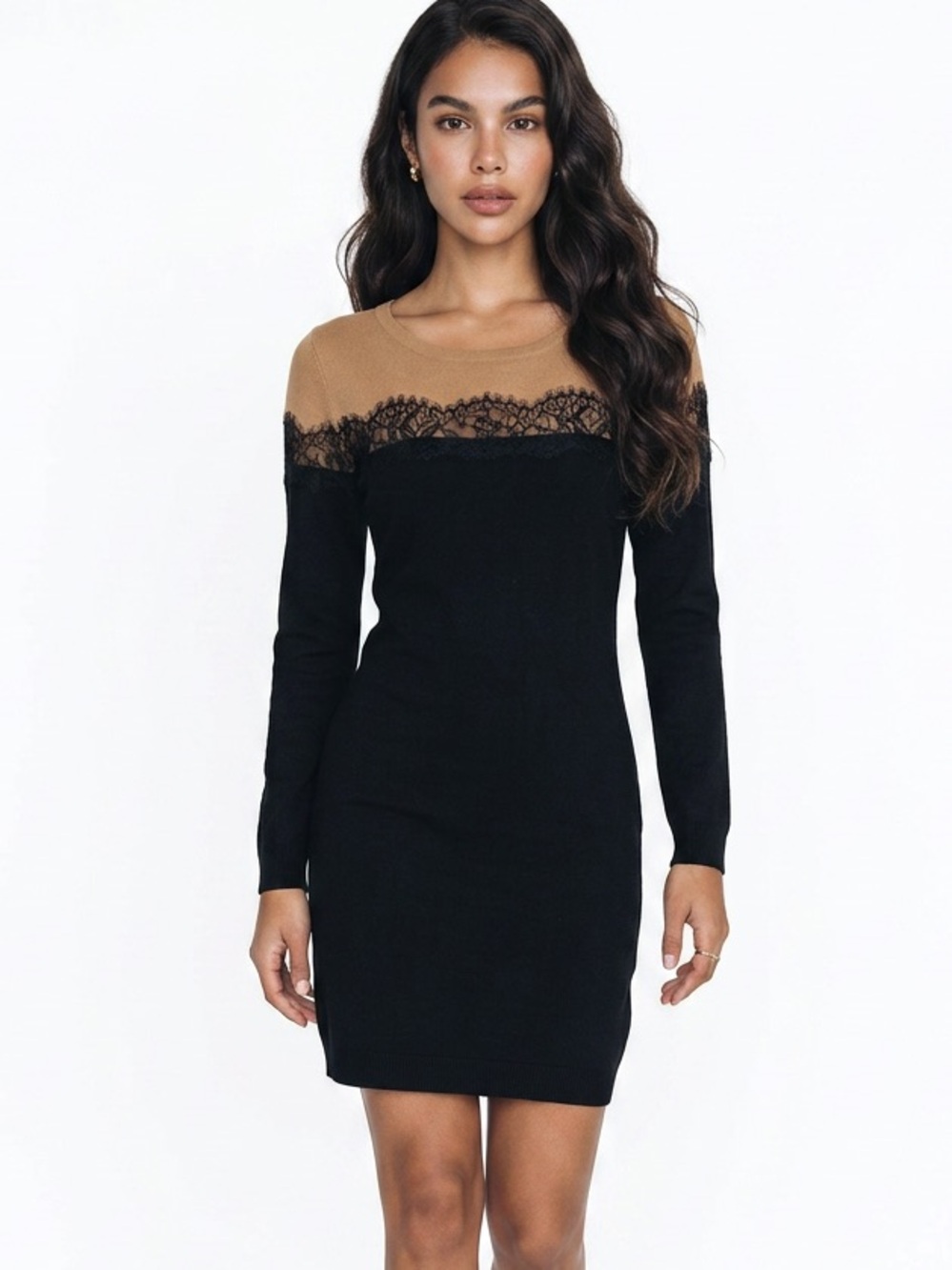AB Studio knit long sleeve dress with gold lace trim size medium New with tag‎
